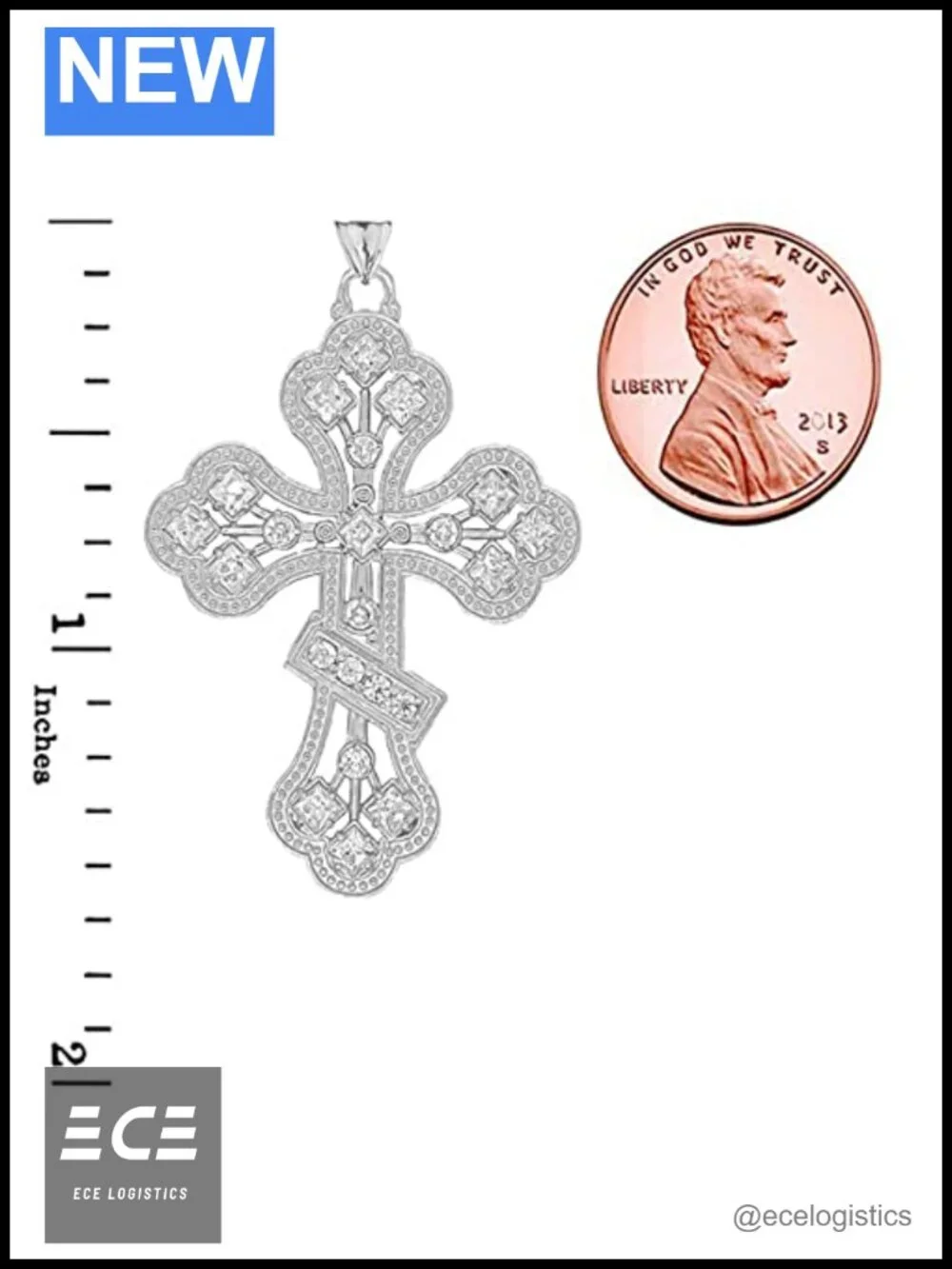 Sterling Silver CZ Russian Orthodox Cross Pendant Necklace 16 in
